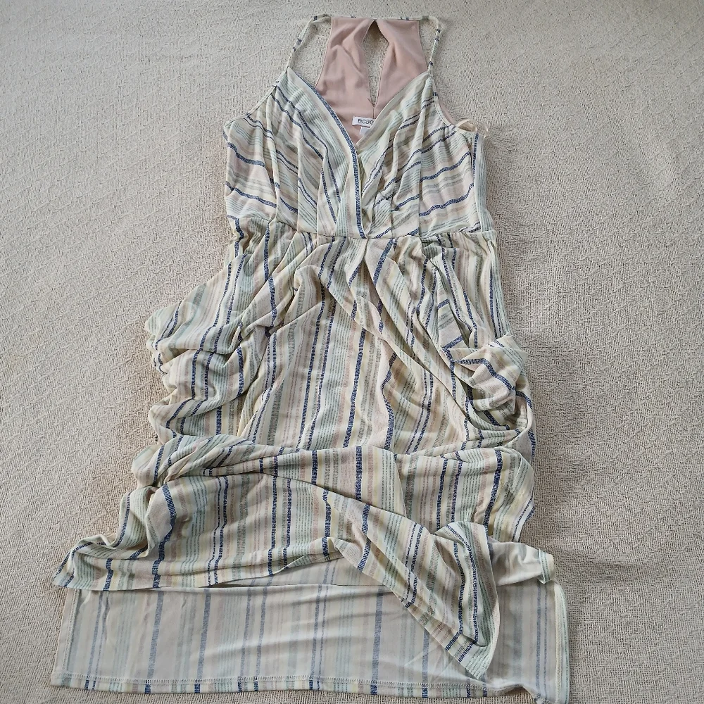 bcbgeneration ♡ striped nveck midi draped pocket dress boho effortless indie